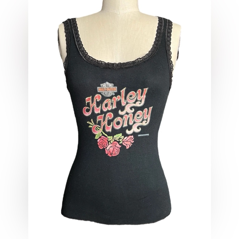 Vintage 80s Harley Davidson Black Harley Honey Rose Lace Edge Tank EVC